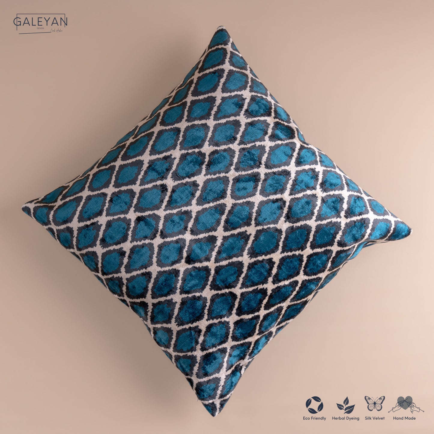 Silk Velvet Ikat Cushion – Off White/Midnight Indigo/Turquoise