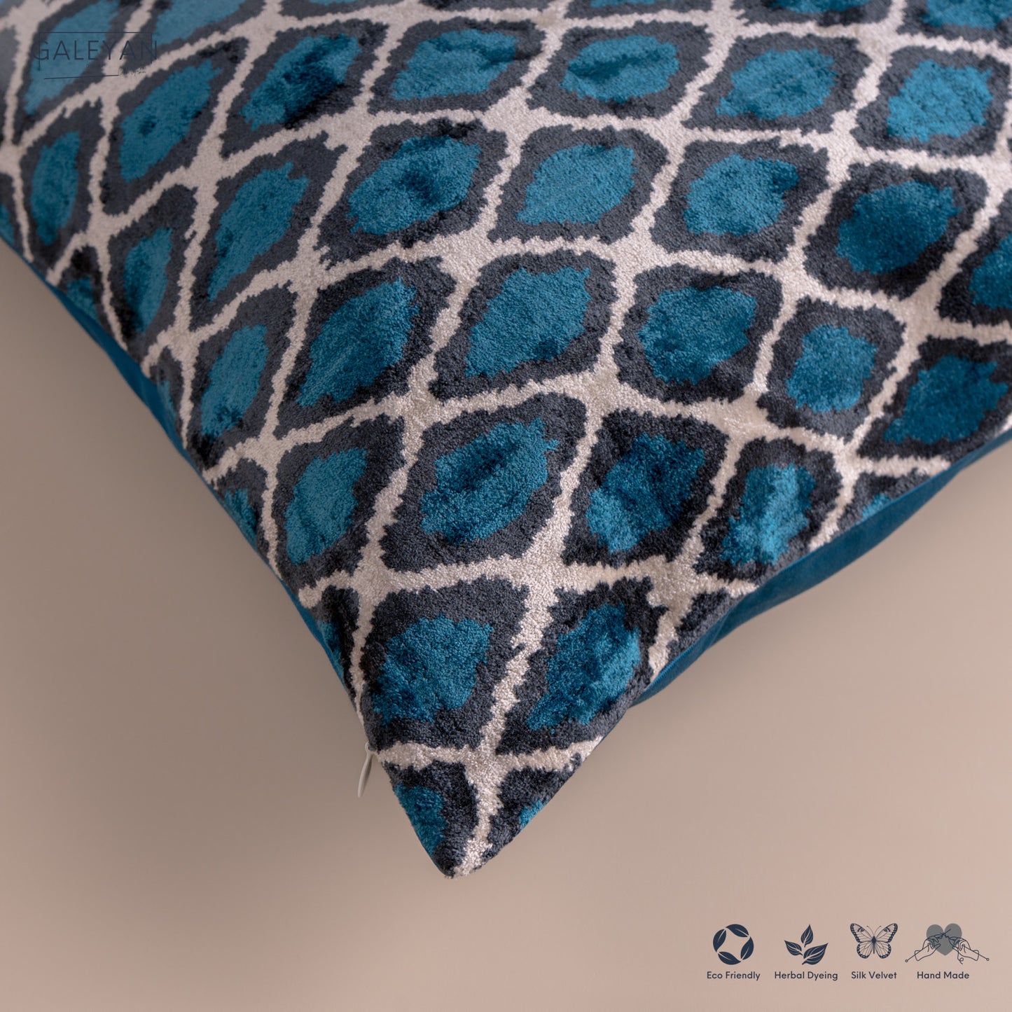 Silk Velvet Ikat Cushion – Off White/Midnight Indigo/Turquoise