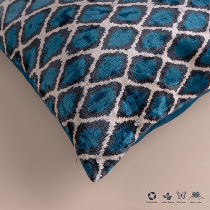 Silk Velvet Ikat Cushion – Off White/Midnight Indigo/Turquoise