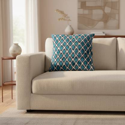 Silk Velvet Ikat Cushion – Off White/Midnight Indigo/Turquoise