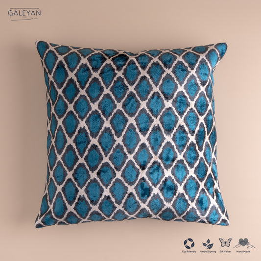 Silk Velvet Ikat Cushion – Off White/Midnight Indigo/Turquoise