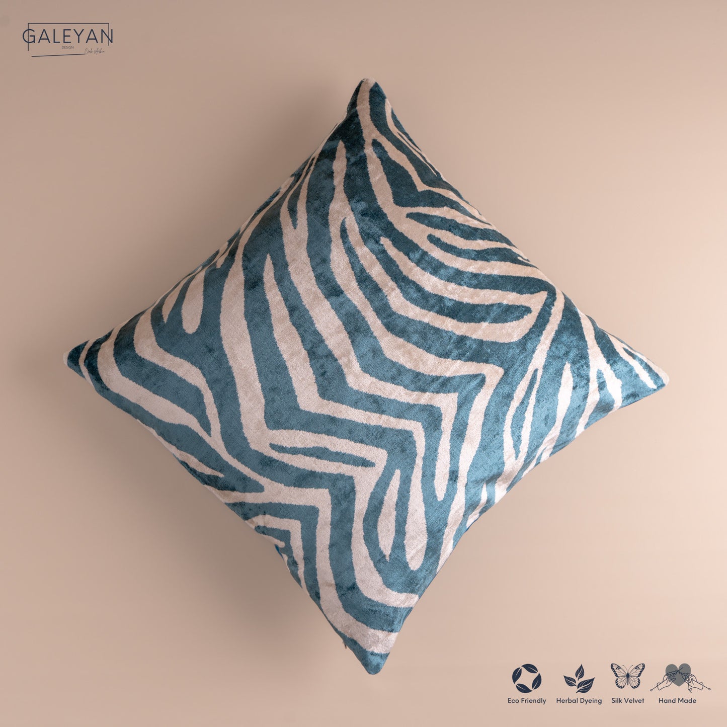 Silk Velvet Ikat Cushion – Off White/Turquoise