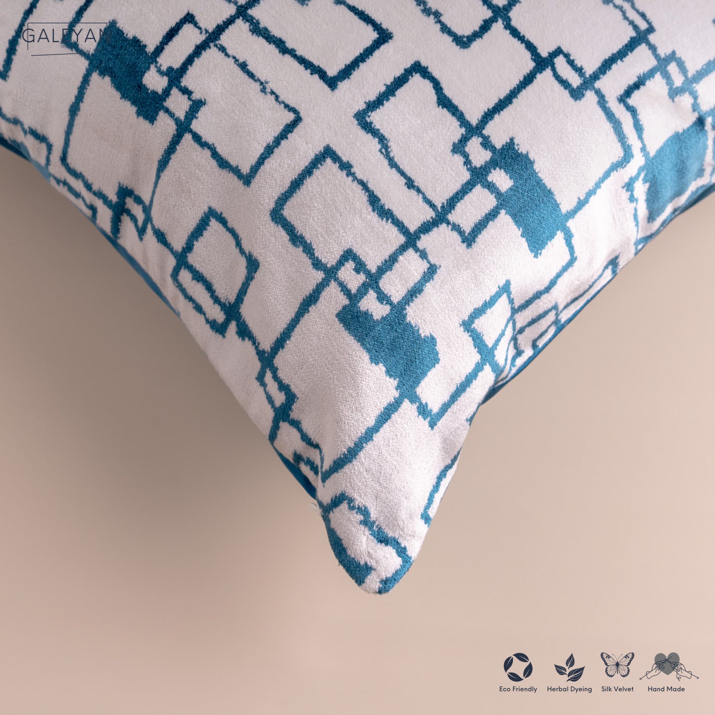 Silk Velvet Ikat Cushion – Off White/Turquoise