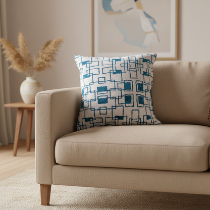 Silk Velvet Ikat Cushion – Off White/Turquoise