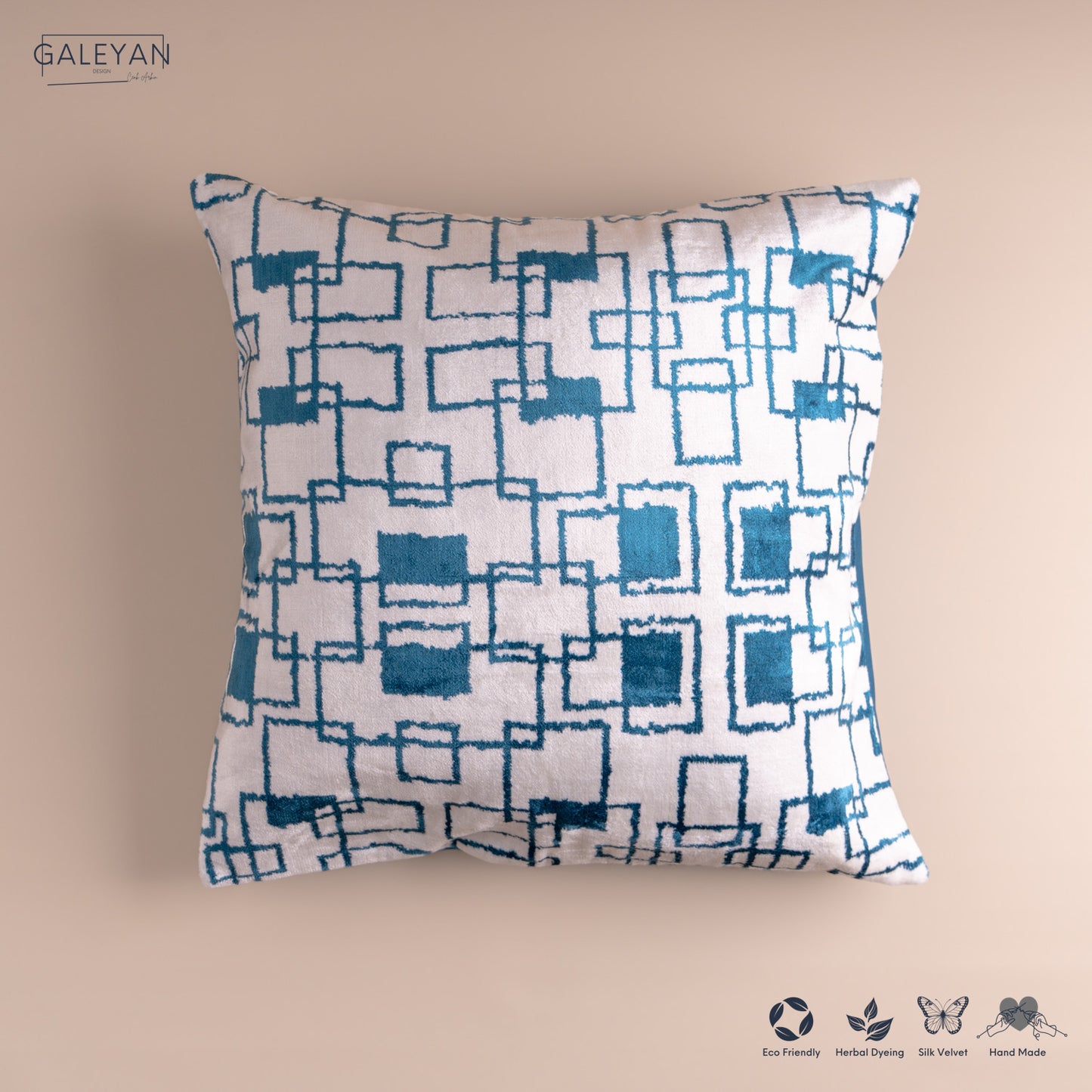 Silk Velvet Ikat Cushion – Off White/Turquoise