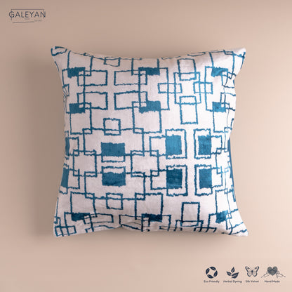 Silk Velvet Ikat Cushion – Off White/Turquoise