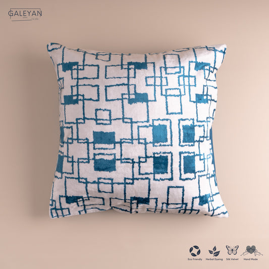 Silk Velvet Ikat Cushion – Off White/Turquoise