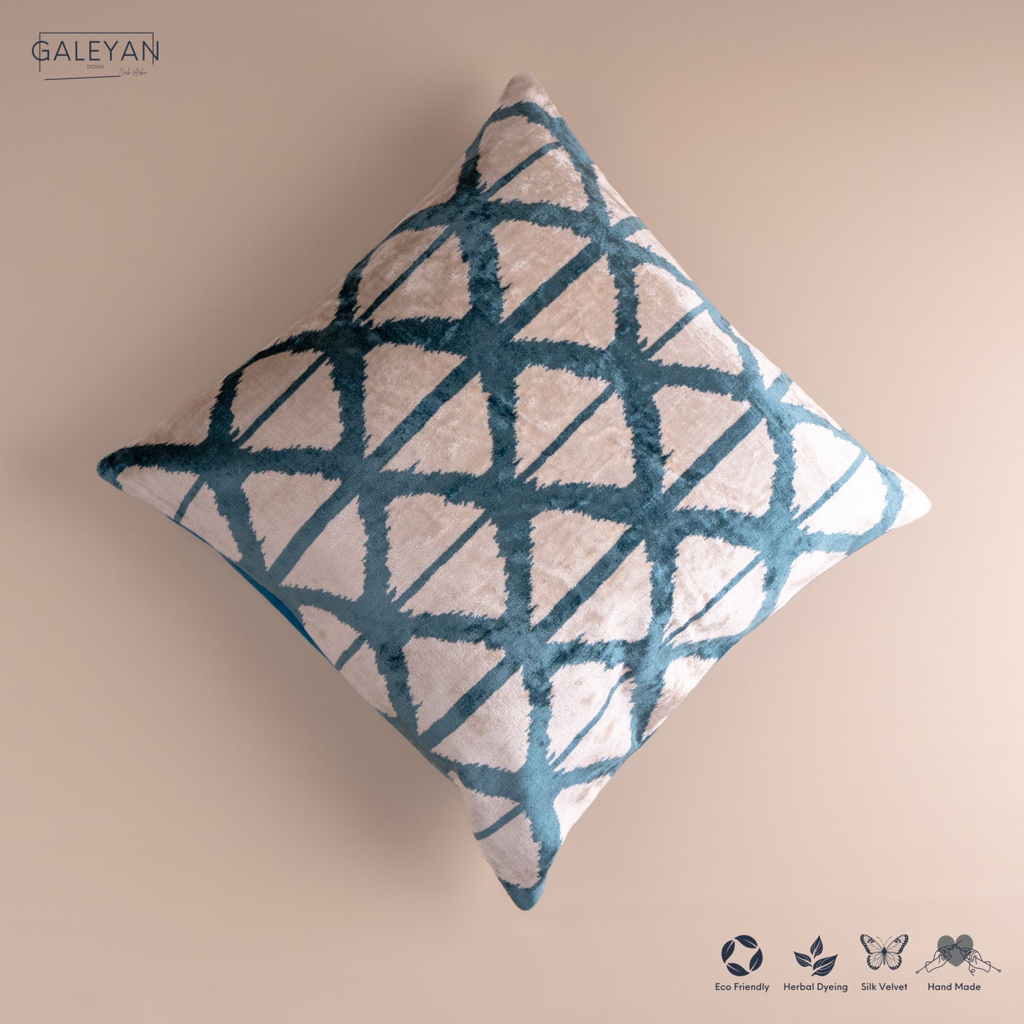 Silk Velvet Ikat Cushion – Off White/Turquoise