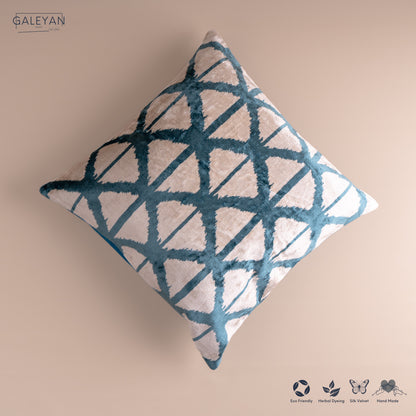 Silk Velvet Ikat Cushion – Off White/Turquoise