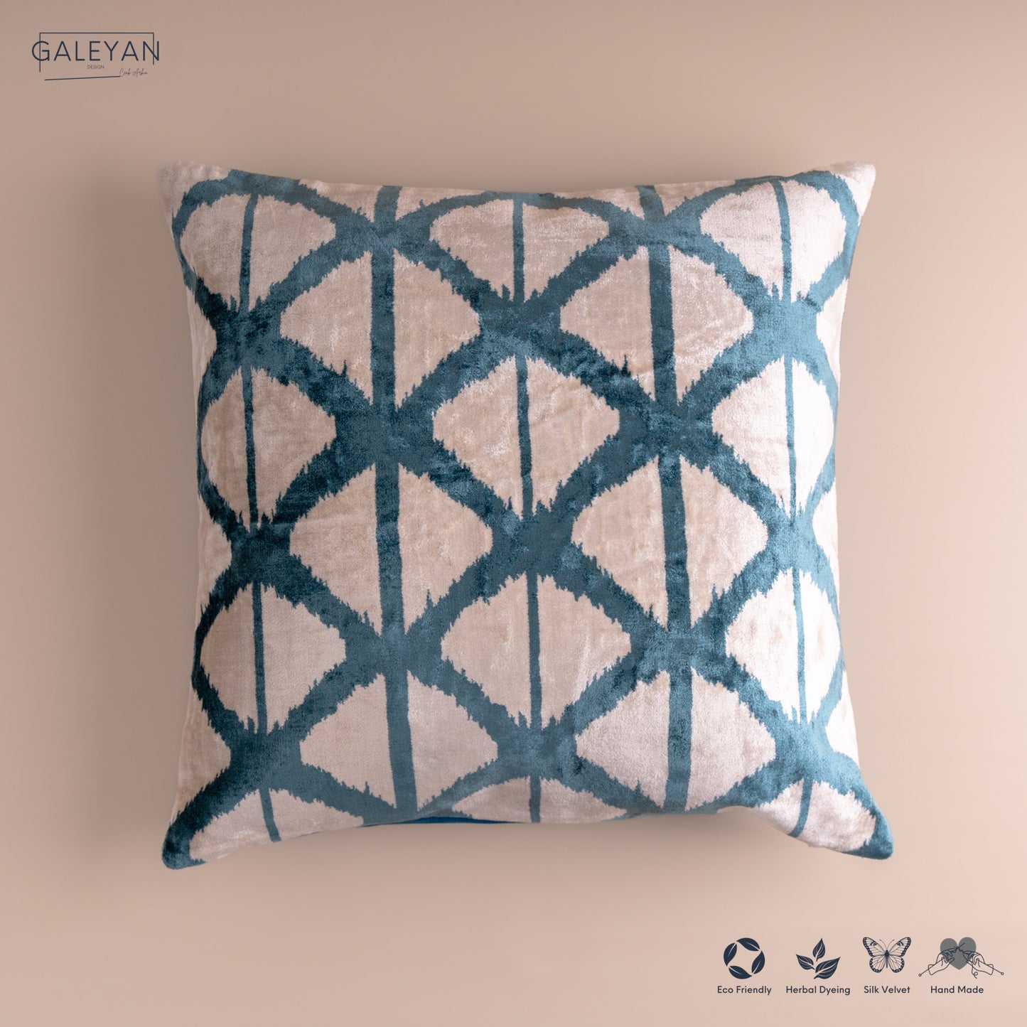 Silk Velvet Ikat Cushion – Off White/Turquoise