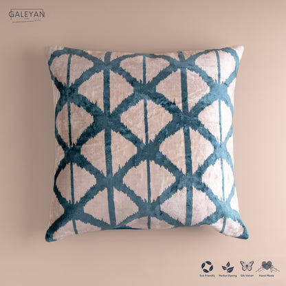 Silk Velvet Ikat Cushion – Off White/Turquoise