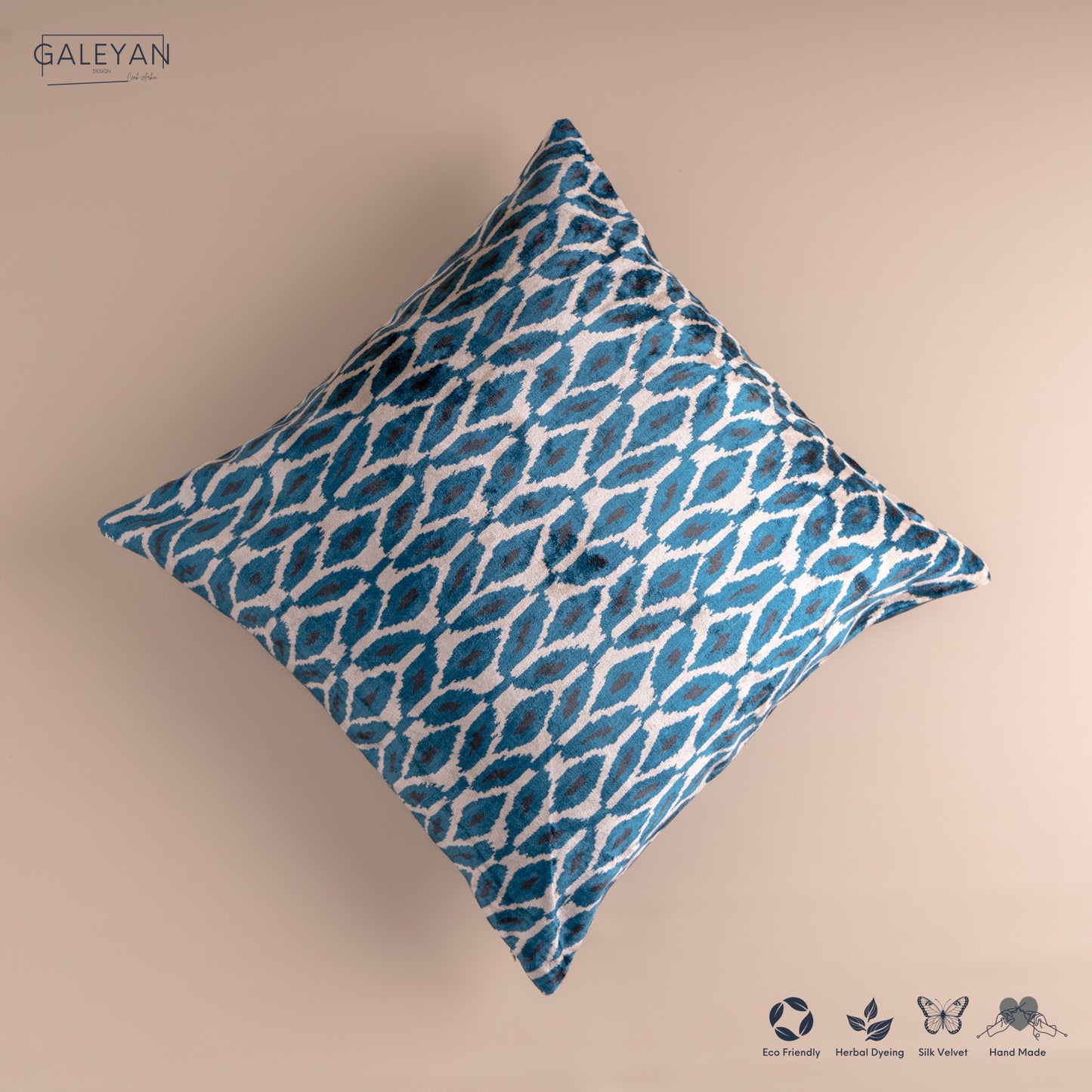 Silk Velvet Ikat Cushion – Off White/Turquoise/Midnight Indigo