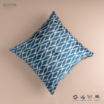 Silk Velvet Ikat Cushion – Off White/Turquoise/Midnight Indigo