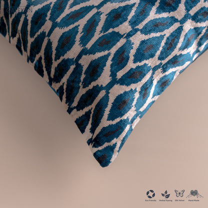 Silk Velvet Ikat Cushion – Off White/Turquoise/Midnight Indigo