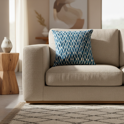 Silk Velvet Ikat Cushion – Off White/Turquoise/Midnight Indigo