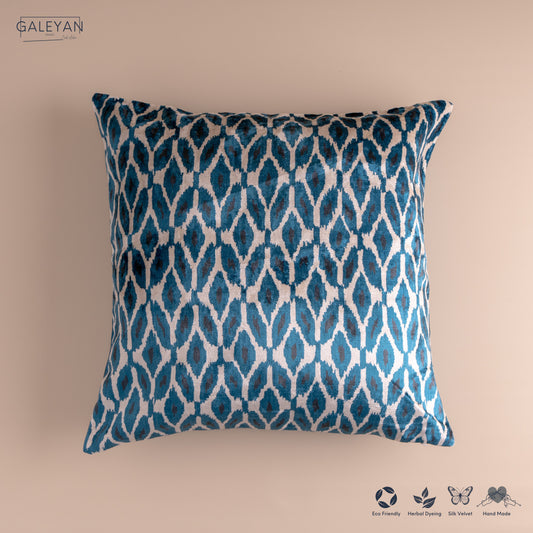 Silk Velvet Ikat Cushion – Off White/Turquoise/Midnight Indigo