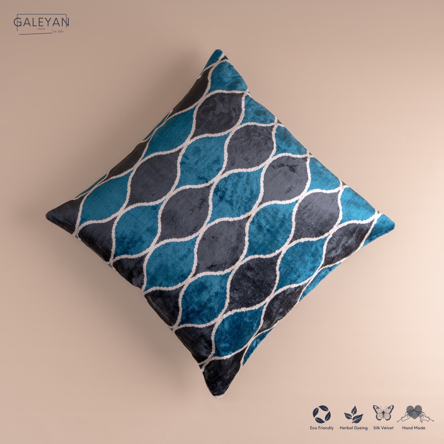 Silk Velvet Ikat Cushion – Off White/Turquoise/Midnight Indigo