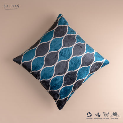 Silk Velvet Ikat Cushion – Off White/Turquoise/Midnight Indigo