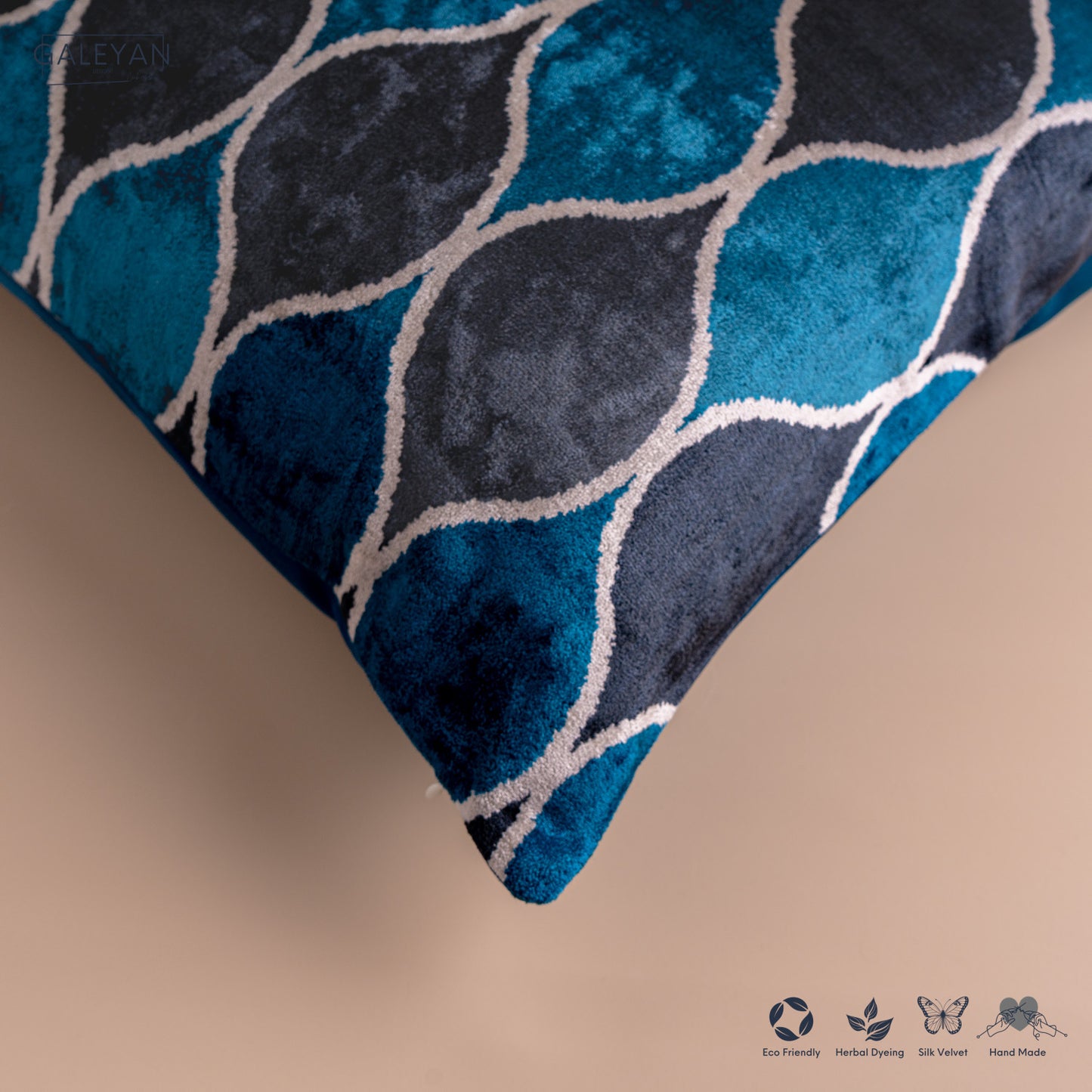 Silk Velvet Ikat Cushion – Off White/Turquoise/Midnight Indigo