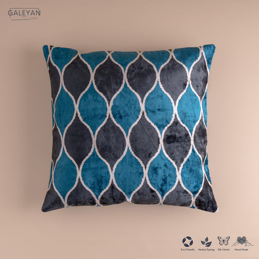 Silk Velvet Ikat Cushion – Off White/Turquoise/Midnight Indigo