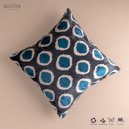 Silk Velvet Ikat Cushion – Off White/Turquoise/Midnight Indigo