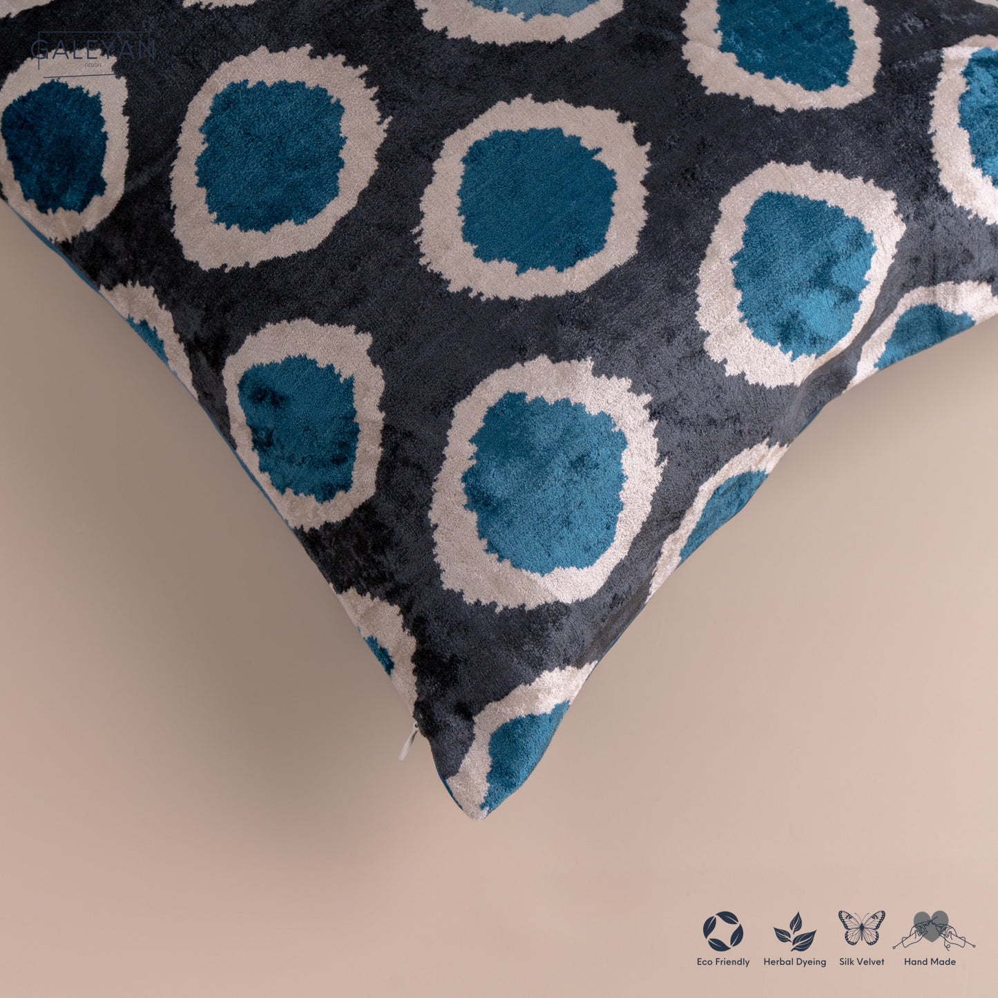 Silk Velvet Ikat Cushion – Off White/Turquoise/Midnight Indigo