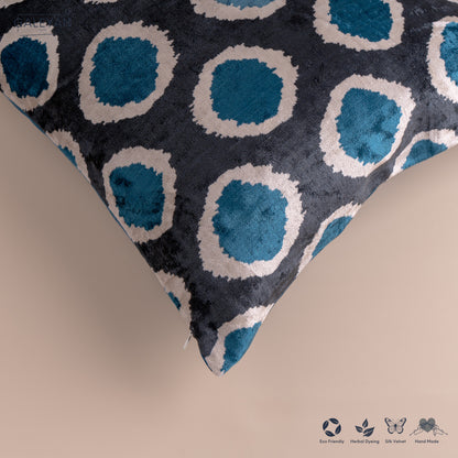 Silk Velvet Ikat Cushion – Off White/Turquoise/Midnight Indigo