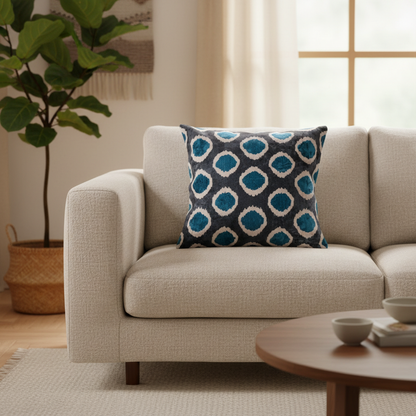 Silk Velvet Ikat Cushion – Off White/Turquoise/Midnight Indigo