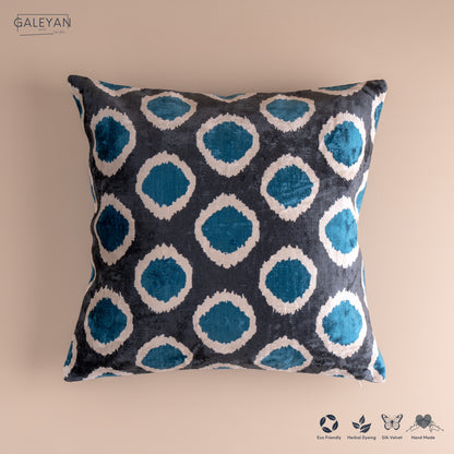 Silk Velvet Ikat Cushion – Off White/Turquoise/Midnight Indigo