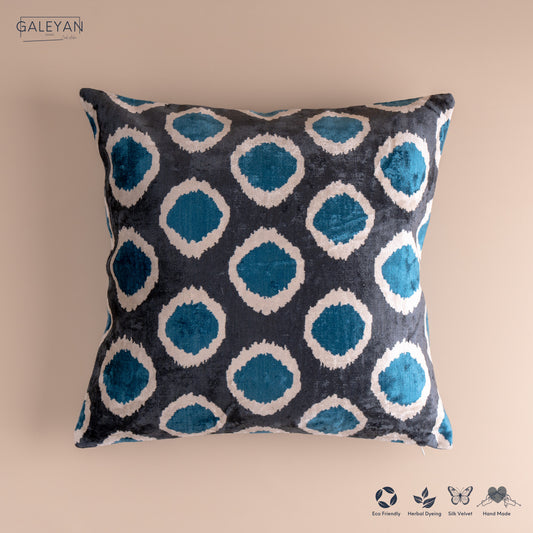Silk Velvet Ikat Cushion – Off White/Turquoise/Midnight Indigo