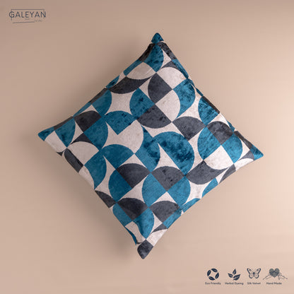 Silk Velvet Ikat Cushion – Off White/Turquoise/Midnight Indigo
