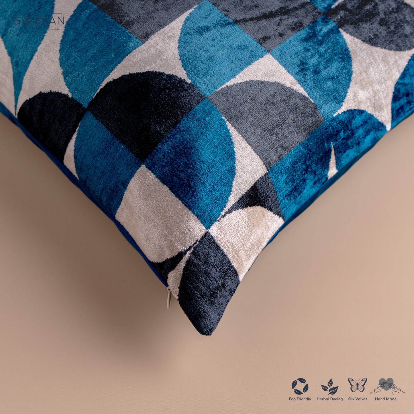 Silk Velvet Ikat Cushion – Off White/Turquoise/Midnight Indigo
