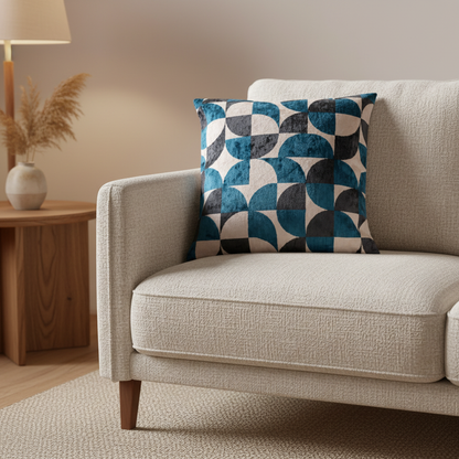 Silk Velvet Ikat Cushion – Off White/Turquoise/Midnight Indigo