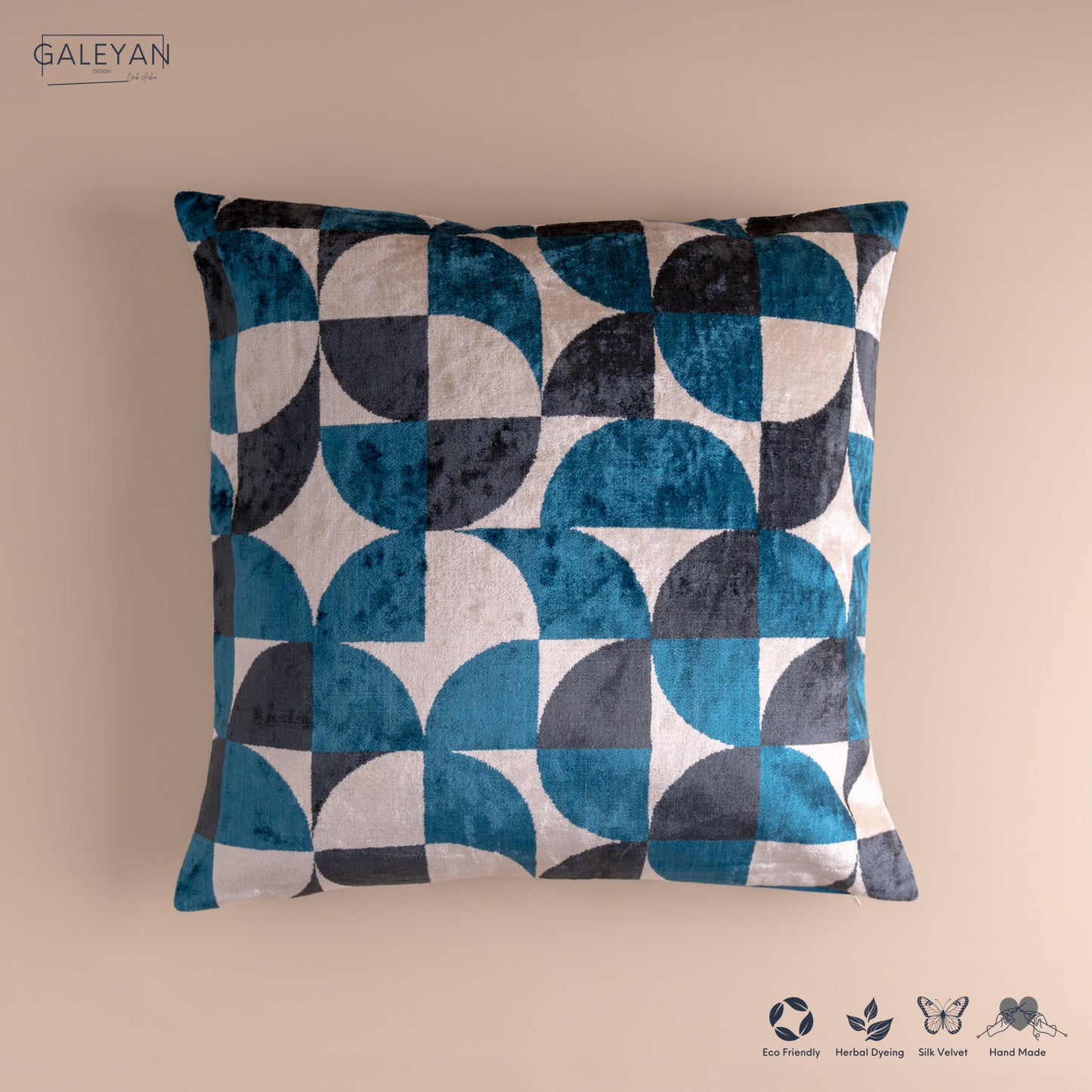 Silk Velvet Ikat Cushion – Off White/Turquoise/Midnight Indigo