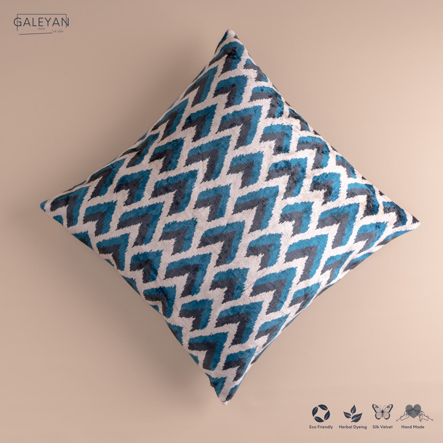 Silk Velvet Ikat Cushion – Off White/Turquoise/Midnight Indigo