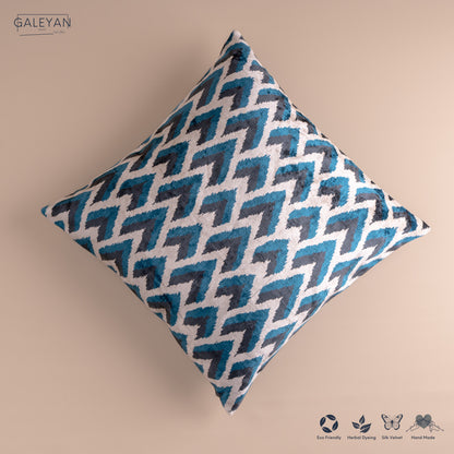 Silk Velvet Ikat Cushion – Off White/Turquoise/Midnight Indigo