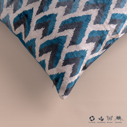 Silk Velvet Ikat Cushion – Off White/Turquoise/Midnight Indigo