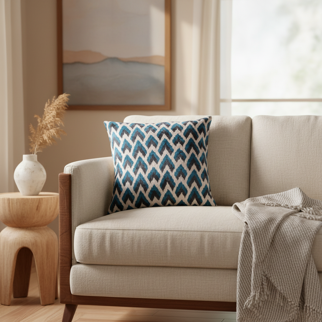 Silk Velvet Ikat Cushion – Off White/Turquoise/Midnight Indigo