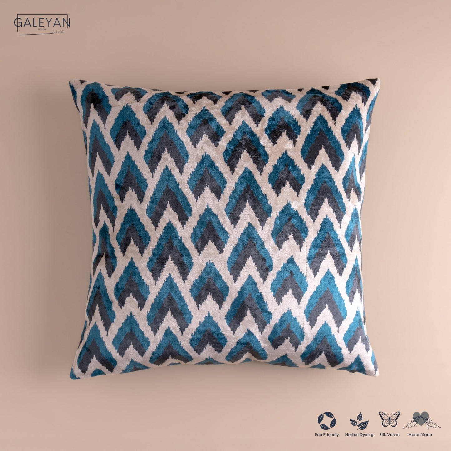 Silk Velvet Ikat Cushion – Off White/Turquoise/Midnight Indigo