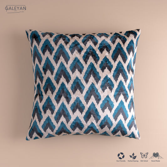 Silk Velvet Ikat Cushion – Off White/Turquoise/Midnight Indigo