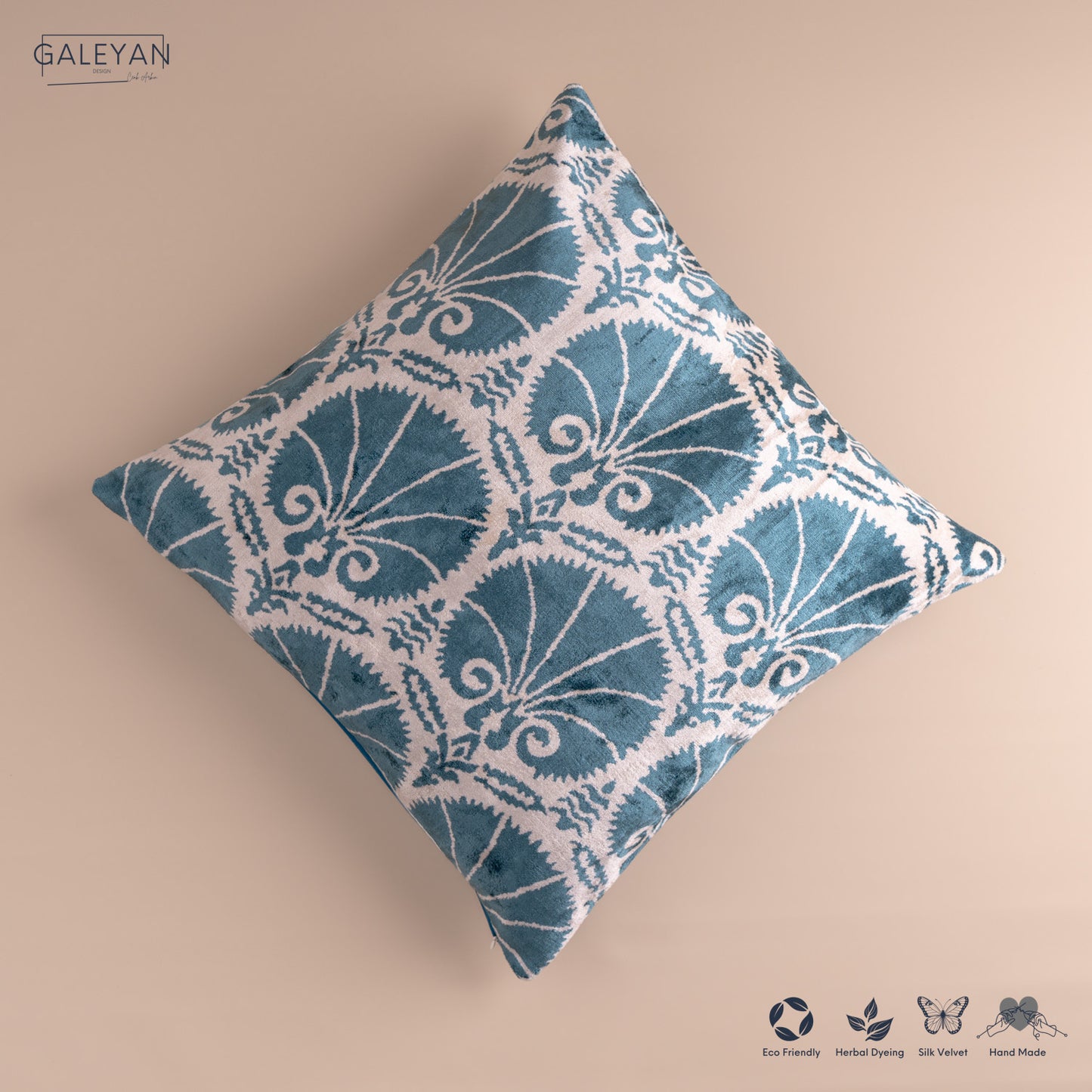 Silk Velvet Ikat Cushion – Off White/Turquoise