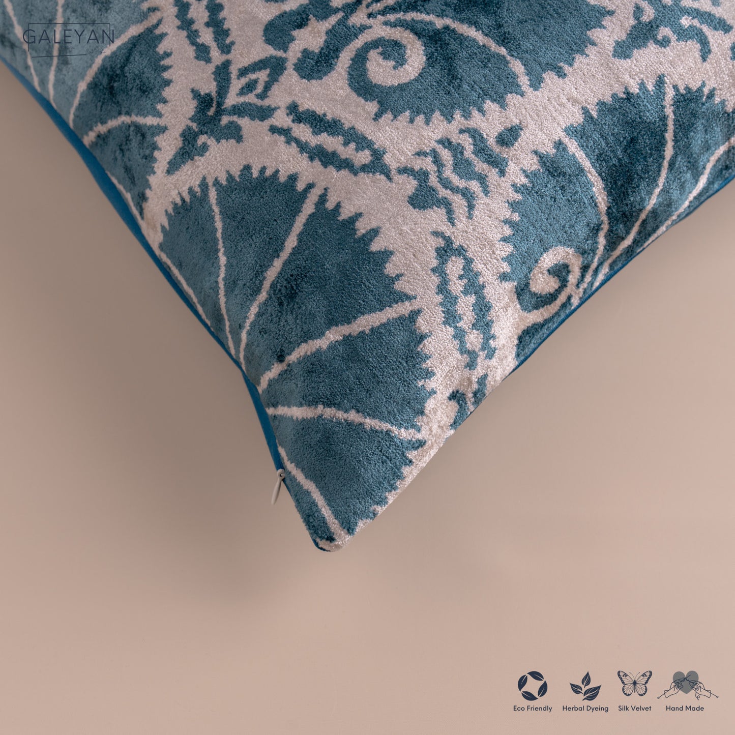 Silk Velvet Ikat Cushion – Off White/Turquoise