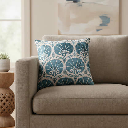 Silk Velvet Ikat Cushion – Off White/Turquoise
