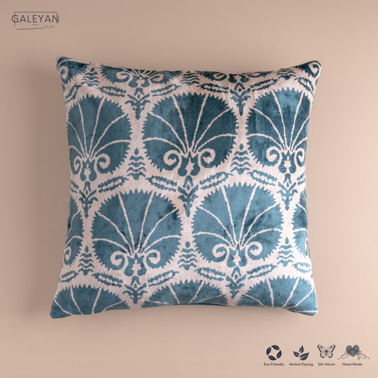 Silk Velvet Ikat Cushion – Off White/Turquoise