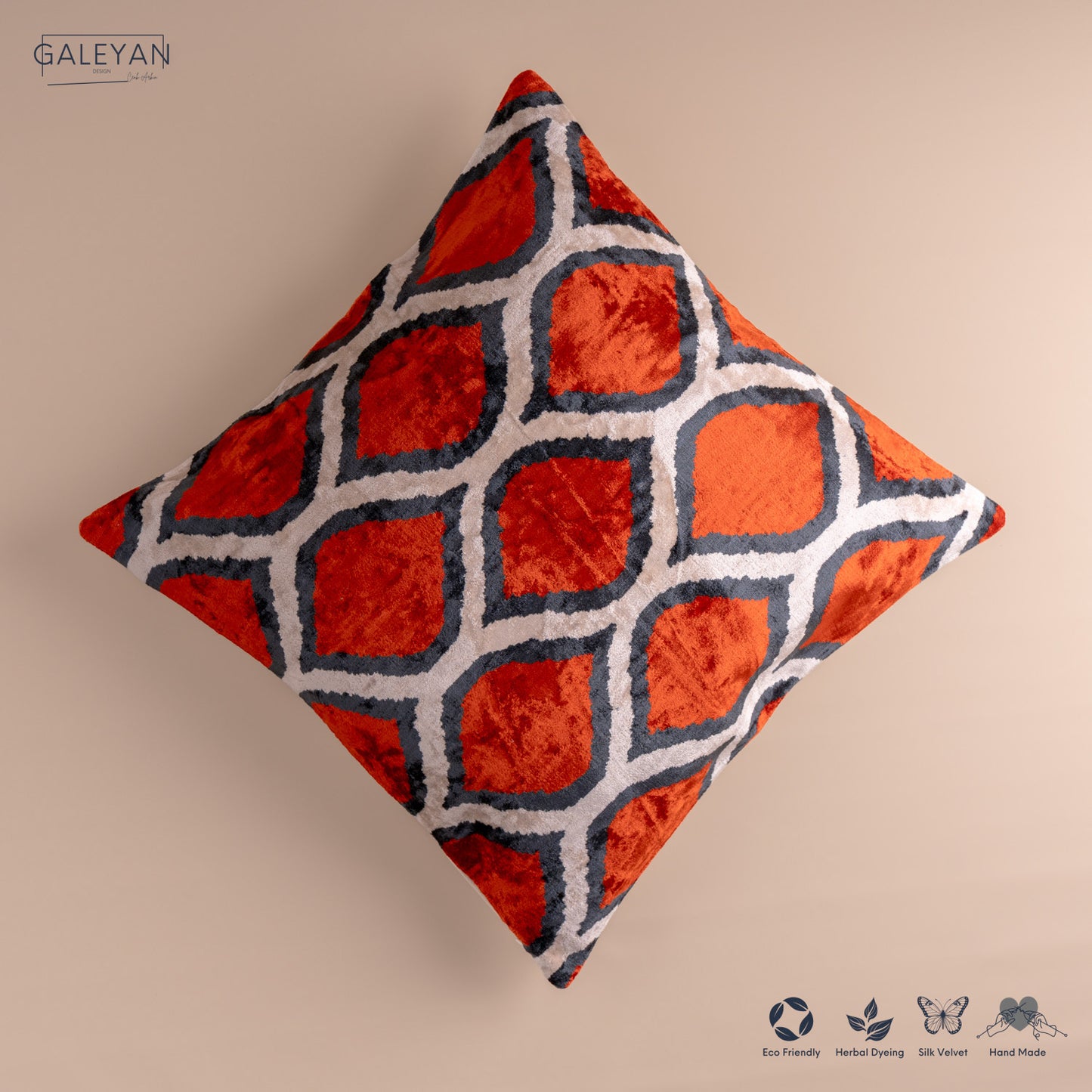 Silk Velvet Ikat Cushion – Off White/Red/Midnight Indigo