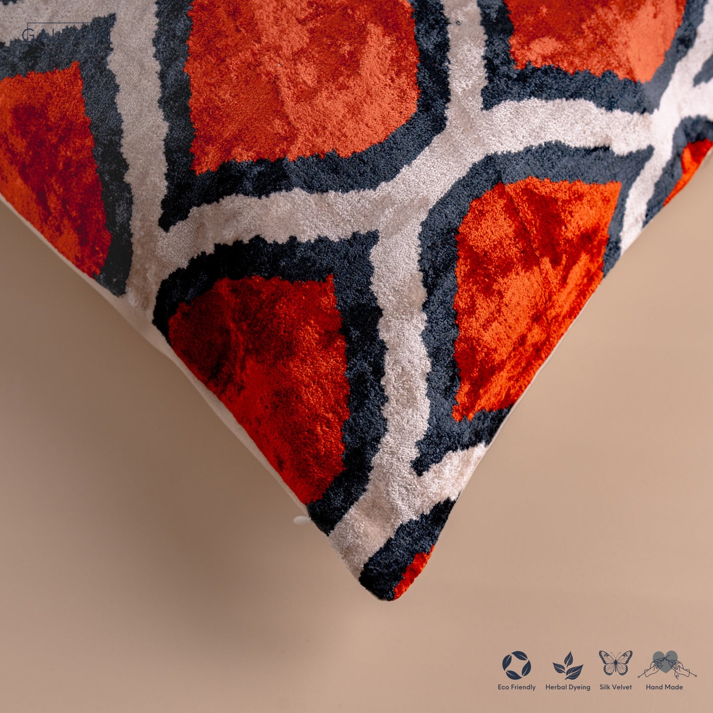 Silk Velvet Ikat Cushion – Off White/Red/Midnight Indigo
