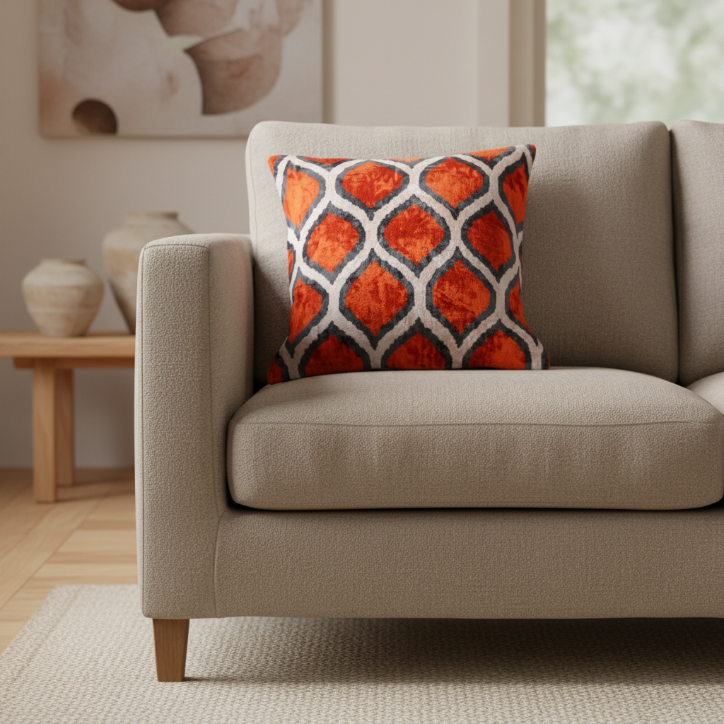 Silk Velvet Ikat Cushion – Off White/Red/Midnight Indigo