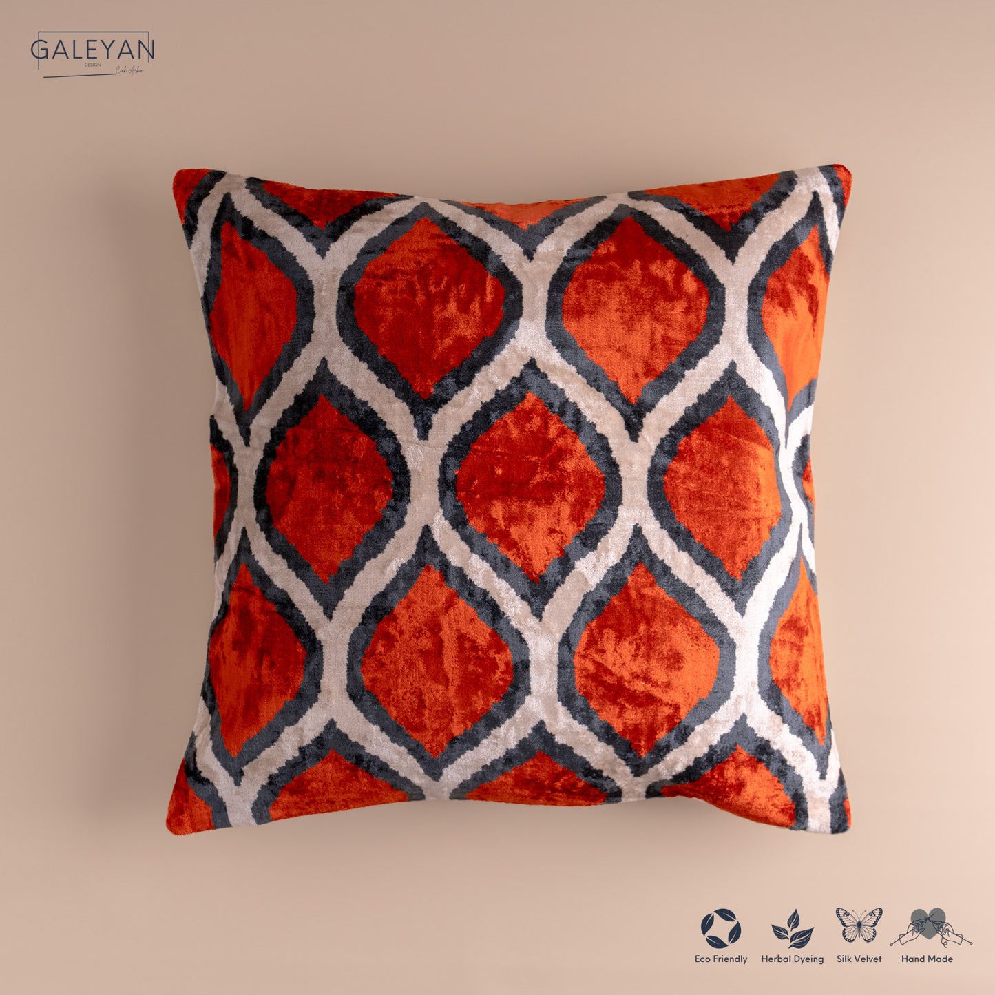 Silk Velvet Ikat Cushion – Off White/Red/Midnight Indigo