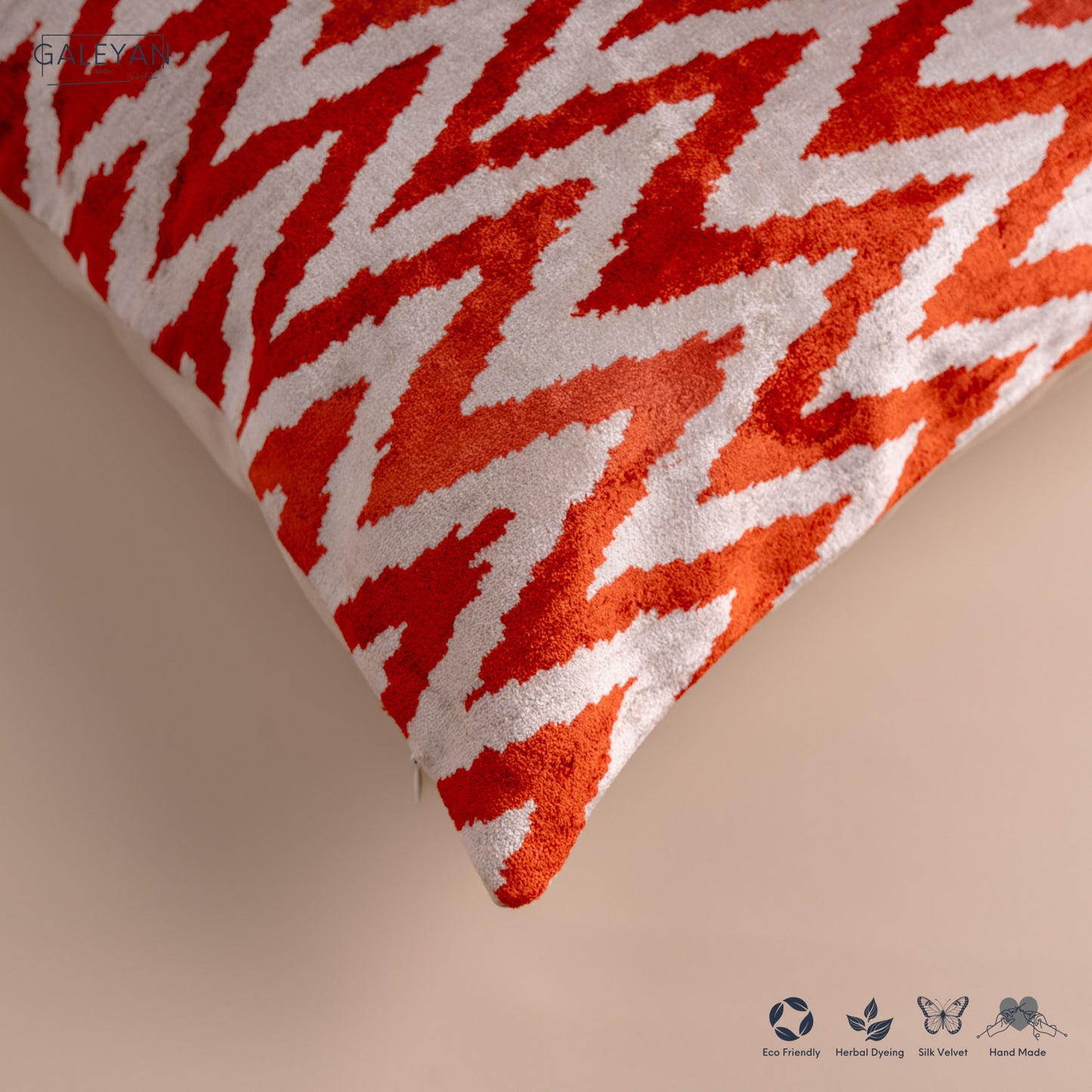 Silk Velvet Ikat Cushion – Off White/Red
