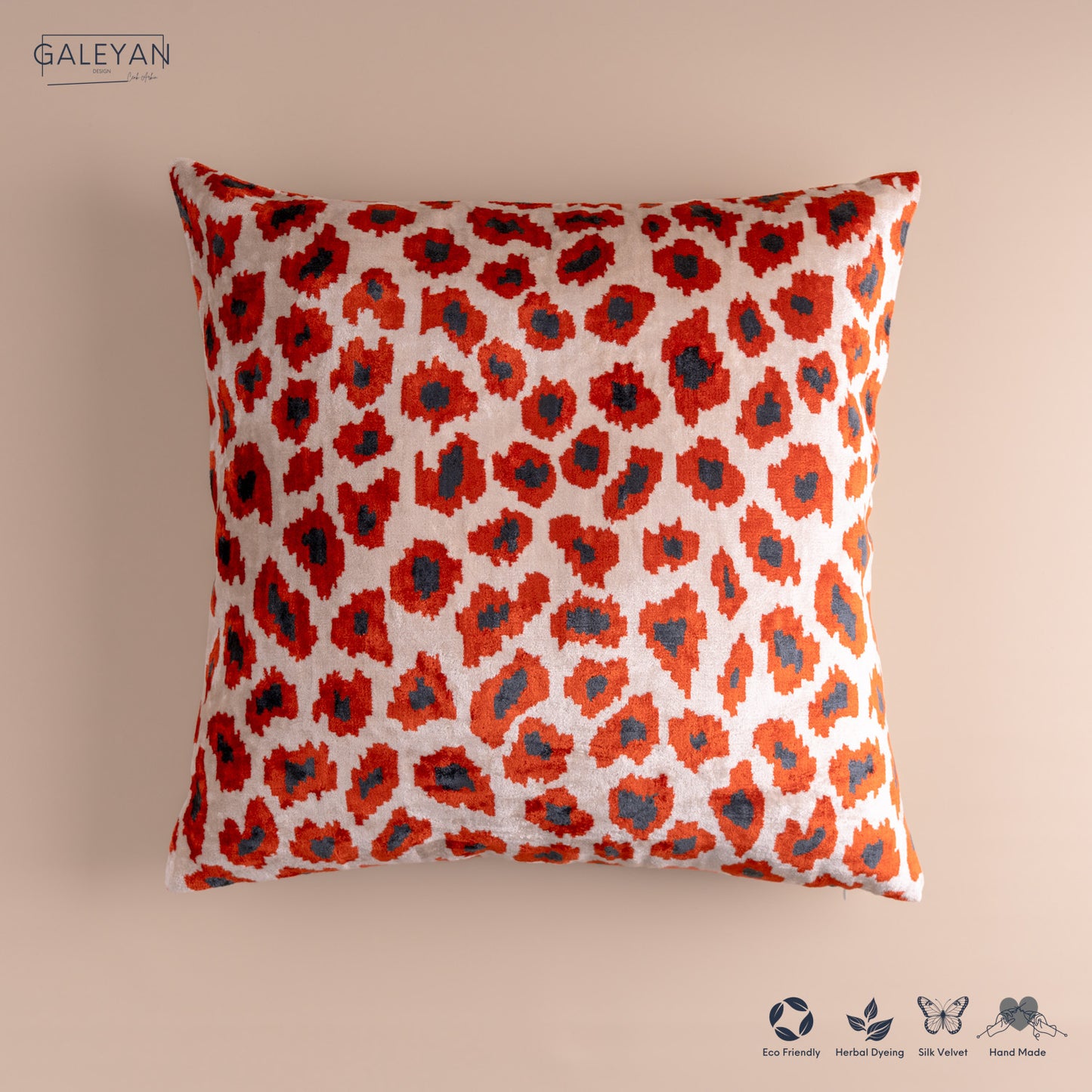 Silk Velvet Ikat Cushion – Off White/Red/Midnight Indigo